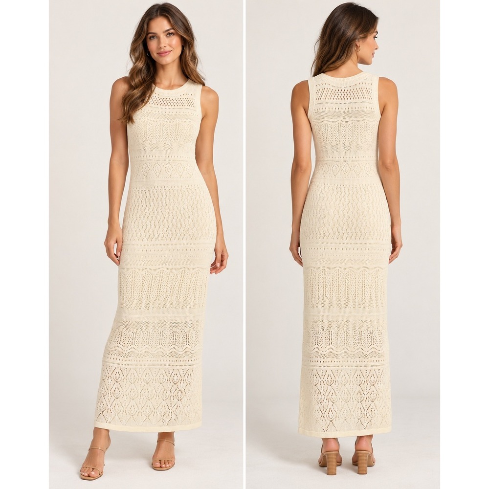 Tahari Womens Cream Pointelle Knit Sleeveless Maxi Dress Crochet Ivory XS NEW